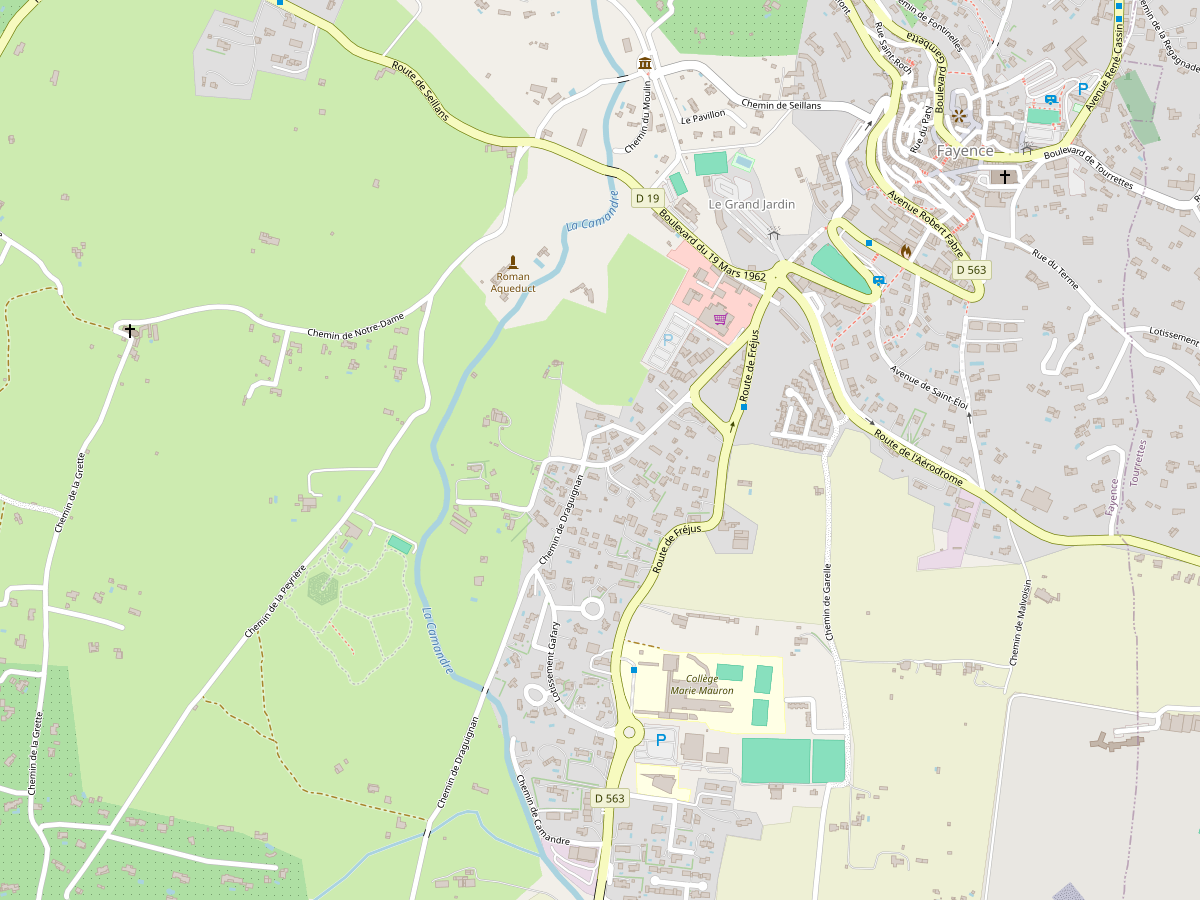 Carte du chemin de Draguignan à Fayence : le restaurant se trouve entre le centre du village et le collège Marie Mauron.